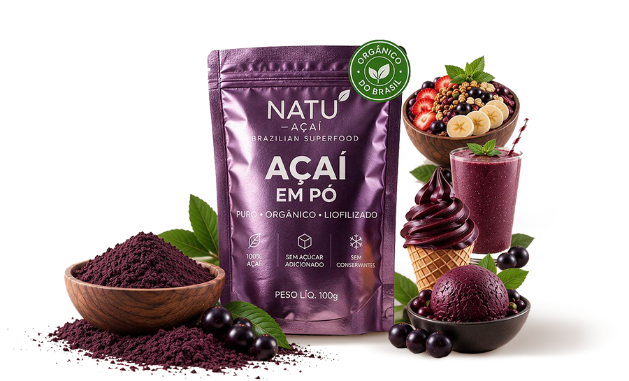 Natu Açaí Powder pack with a bowl of powder, berries, açaí bowl, smoothie, soft serve and ice cream