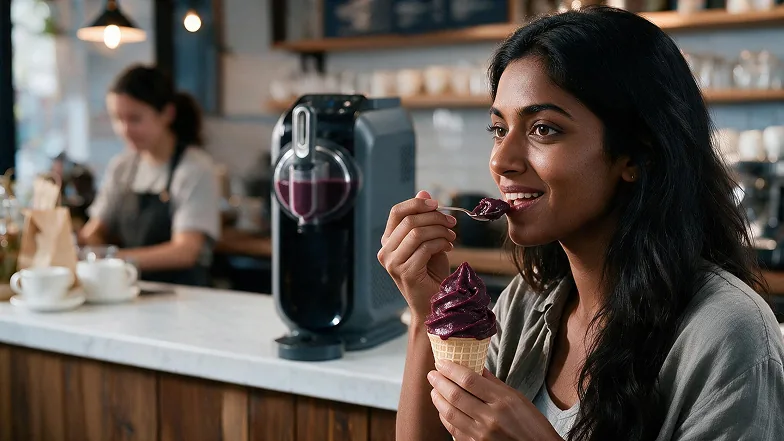 Cliente saboreando açaí soft serve em cafeteria